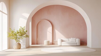 Modern Minimalist Interior with Archway Soft Pastel Colors and Dappled Sunlight