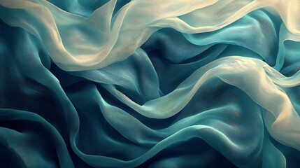 Obraz premium Soft blue silk fabric elegantly drapes creating a calming serene mood with warm light accents. AI Generated