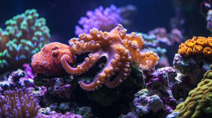 Obraz premium vibrant octopus camouflaging among colorful coral in marine habitat, showcasing its unique texture and colors. underwater scene is filled with various corals, creating lively ecosystem
