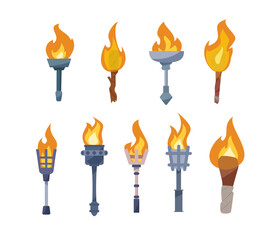 A vector set of torches with flames for the dungeon, creating a bright atmosphere