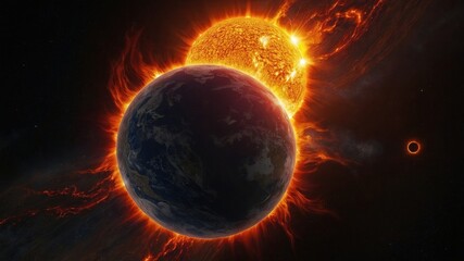 Naklejka premium planet, sun, space, earth, solar, star, light, astronomy, globe, fire, abstract, universe, red, world, eclipse, moon, blue, galaxy, night, science, illustration, glow, hot, energy, heat
