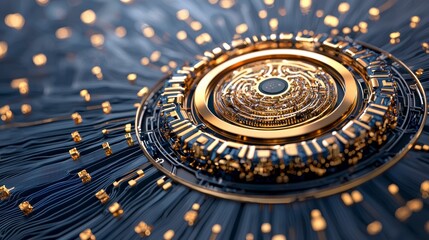 Fototapeta premium Intricate Golden Mechanism: Abstract Digital Art of Technological Innovation and Complex Systems