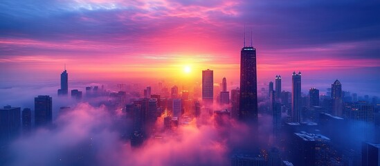 Fototapeta premium Vibrant sunrise over a city shrouded in fog.