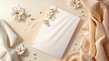 Elegant blank card surrounded by soft fabric and flowers,  for invitations or announcements