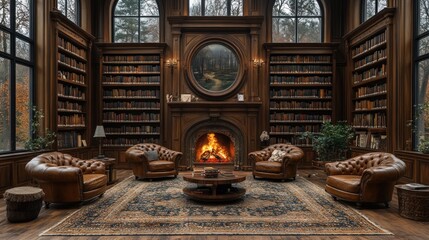 Grand Library with Cozy Leather Armchairs and a Warm Fireplace