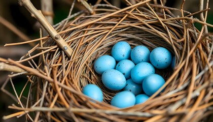 Obraz premium a bird's nest filled with blue eggs