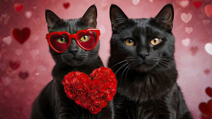 black cats wearing red glasses are hugging on valentines day background