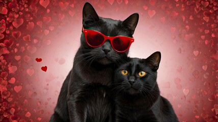 black cats wearing red glasses are hugging on valentines day background
