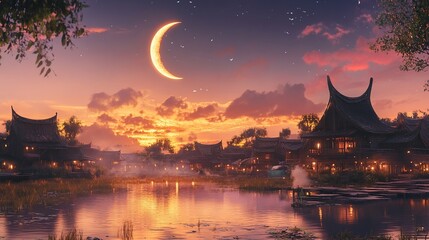 Obraz premium Crescent moon over tranquil Asian village at sunset, reflecting in calm waters, used for fantasy game backgrounds