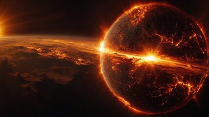 earth, space, planet, sun, globe, light, star, fire, solar, world, explosion, orange, astronomy, eclipse, 3d, glow, universe, night, science, illustration, map, sphere, energy, fantasy, cosmos