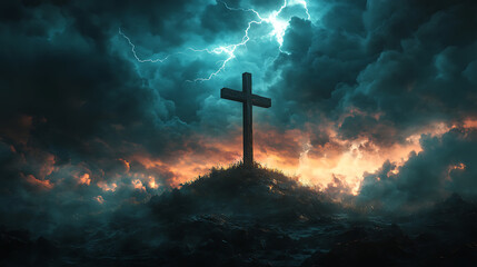Fototapeta premium The cross on a desolate hilltop, vividly illuminated by a lightning strike, dark storm clouds swirling around, the scene filled with tension and power, cinematic composition,