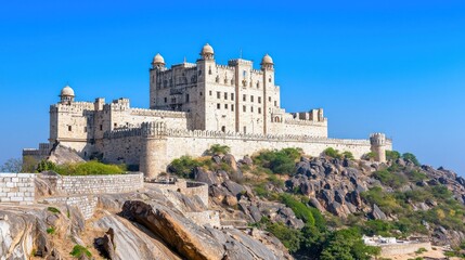 Obraz premium Majestic Hilltop Fort: White Stone Architecture Under a Blue Sky