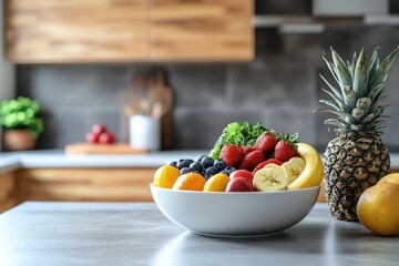 Fresh fruit in a bowl on kitchen counter. Perfect for healthy eating, recipes, or lifestyle blogs.
