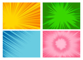Obraz premium Radial speed lines for comic book colorful vector backgrounds set, Manga or anime frame, zoom and motion striped effects