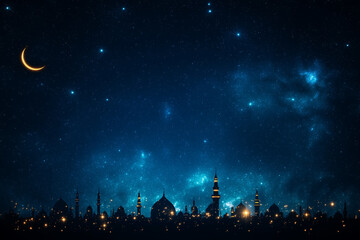 crescent moon shines brightly over Islamic city skyline, illuminated by stars and city lights, creating serene and magical night atmosphere