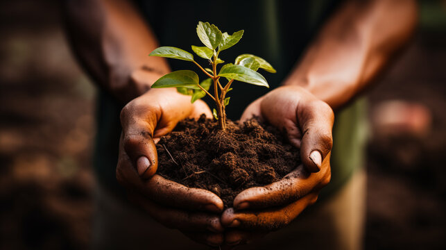 Hand holdig tree growing on green background. Eco earth day concept.