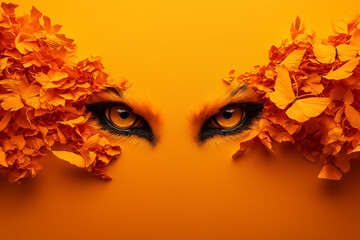 Fototapeta premium striking portrait featuring intense orange eyes surrounded by vibrant orange butterflies and flowers, creating captivating and surreal visual experience