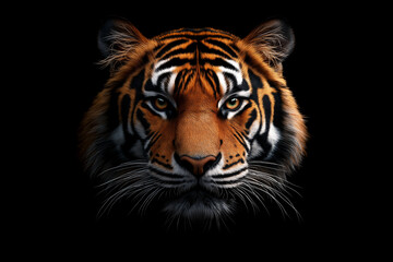 Fototapeta premium hyper realistic tiger face with striking orange and black stripes, set against black background, exuding fierce and captivating presence