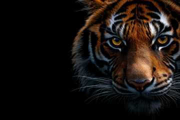 Fototapeta premium hyper realistic close up of tiger face, showcasing its striking orange and black fur, intense yellow eyes, and prominent whiskers against black background. image evokes sense of power and majesty