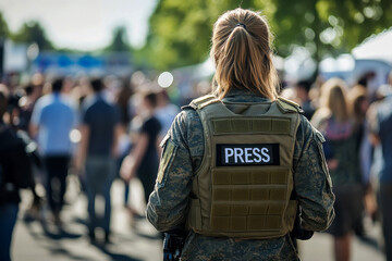 A reporter stands at a crowd peoples, wearing a press vest, ready to broadcast live updates.
