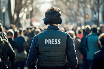 A reporter stands at a crowd peoples, wearing a press vest, ready to broadcast live updates.
