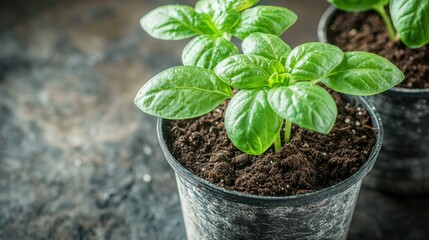 Young seedlings growing in pots on dark background