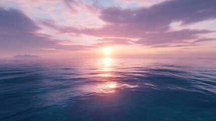 Obraz premium Pink sunset over the vast sea with an island silhouette in the distance showing stunning sky