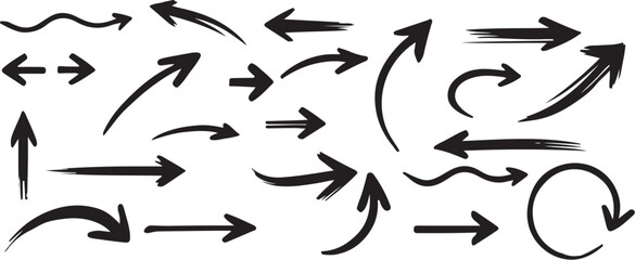 Brush Stroke Set of Black Arrows Silhouette Vector on White Background