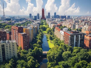 Obraz premium Aerial View of Modern Wrocław Cityscape with Vibrant Buildings Parks and Bridges