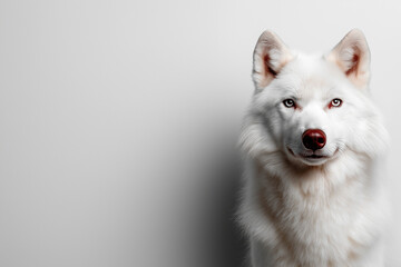 Majestic white wolf portrait with striking features against neutral background, showcasing its captivating gaze and fluffy fur