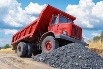 Obraz premium Red Dump Truck Unloading Gravel at Construction Site