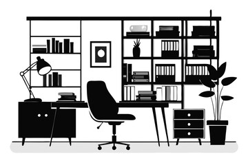 Computer and study desk room silhouette vector illustration isolated on a white background