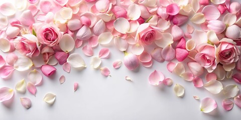 Rose petals scattered on a soft white background with delicate pink flowers in various stages of blooming, blooming flowers, nature background
