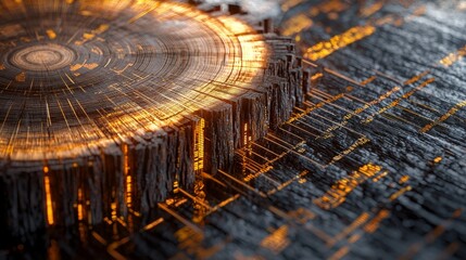 Abstract Wood Texture with Illuminated Digital Patterns and Lines