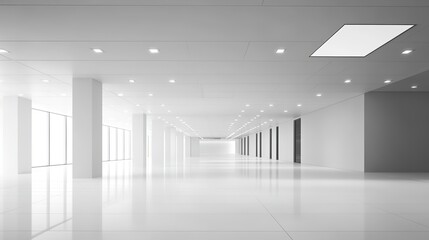 Fototapeta premium Futuristic Perspective View of an Empty Space with Hidden Lighting: Modern Background Design with a White Floor and Ceiling, Evoking a Sense of Future Technology for Showrooms