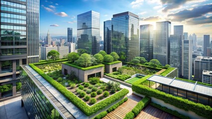 Obraz premium Modern skyscraper's rooftop garden with lush greenery and urban cityscape , urban, garden, urban