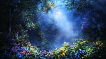 Enchanted Forest Path Blooming Flowers and Misty Light