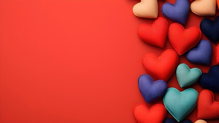 Colorful Fabric Hearts on a Vibrant Red Background for Love Themes