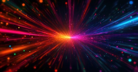 Fototapeta premium Vibrant Explosion of Multicolored Light Rays Abstract Digital Art Neon Cosmic Burst