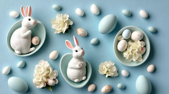 Flat Easter eggs decorated with a floral print with ceramic rollers on a pastel blue background. The concept of "Happy Easter". Generative 4k video.