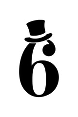 Obraz premium Stylized black and white typography featuring the number 6 adorned with a classic top hat, symbolizing sophistication, elegance, and vintage charm. 