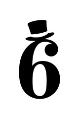 Obraz premium Stylized black and white typography featuring the number 6 adorned with a classic top hat, symbolizing sophistication, elegance, and vintage charm. 