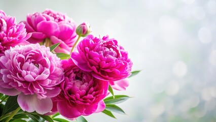 Fototapeta premium Vibrant pink peonies against a soft white background, floral background