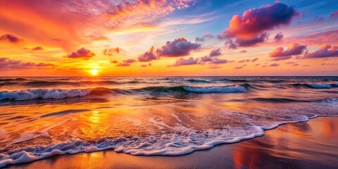 Serene ocean waves gently lapping against the shore at sunset with a vibrant sky ablaze in shades of orange and pink , vibrant sky, peaceful atmosphere