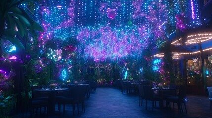 Enchanted Garden Restaurant Night Scene with Lights
