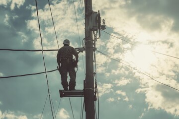Lineman Inspecting High Voltage Power Line on Utility Pole