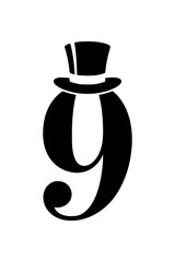 A black and white artistic illustration of the number 9 wearing a classic top hat, representing sophistication, style, and decorative typography.  
