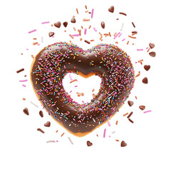 heart shaped chocolate donut isolated on transparent white background, clipping path