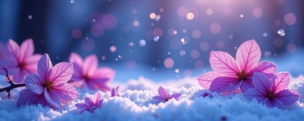 Sparkling purple snowflakes gently fall on a winter wonderland background, flowers, frosty, sparkles