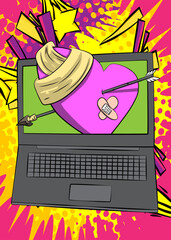 Cartoon Laptop, comic book Notebook with Broken Heart. Retro vector comics pop art design.